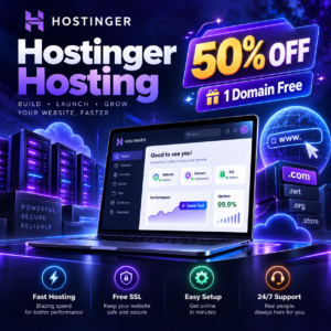 Hostinger Hosting β 50% OFF + 1 Free Domain | Activated on Your Own Email